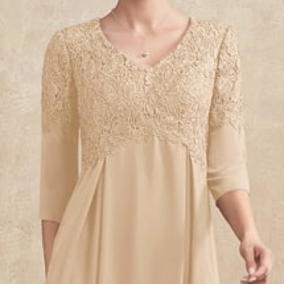 A line V Neck Tea-Length Chiffon Lace Dress With Beading Size 12 Champagne - Picture 6 of 9